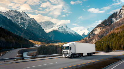white cargo on highway, beautiful landscape, mountain view mockup