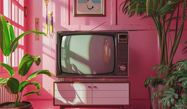 Pink room with television and potted plants