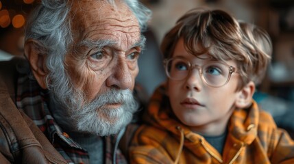 Elderly man with gray beard and young boy with glasses looking thoughtful.