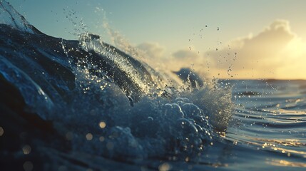 A macro shot of water droplets in the air as a wave crashes, capturing the essence of movement