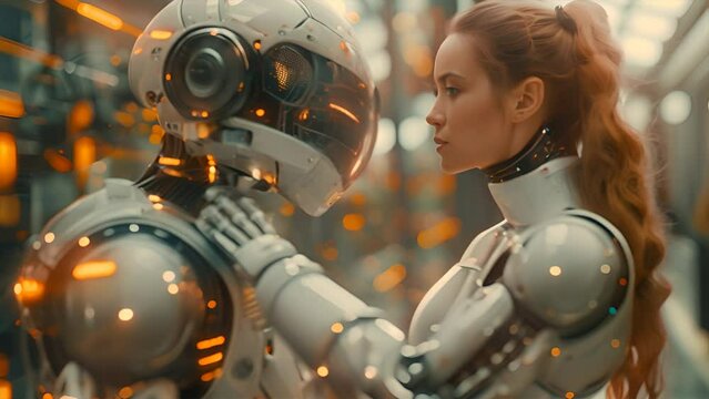 a humanoid white and gold ai chatbot talking to a happy human with chat bubbles on a large screen,generative ai
