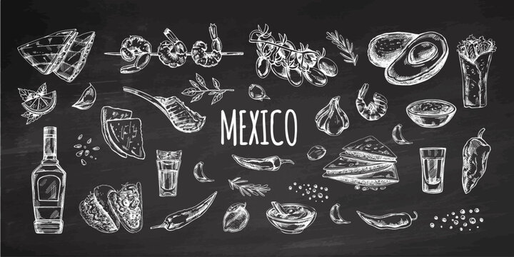 Hand-drawn set of realistic mexican dishes and products. Vintage sketch drawings of Latin American cuisine. Vector ink illustration on chalkboard background. Mexican culture.
