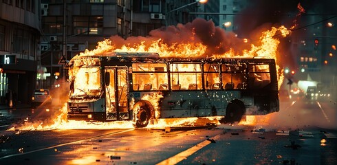 Bus on fire on city street. The concept of violence and terrorism