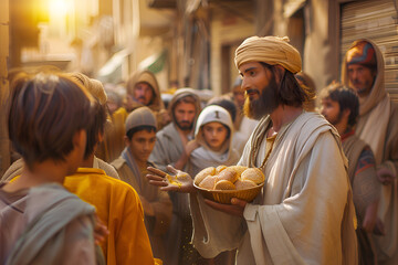 Jesus Christ feeding crowd of five thousand people with loaves