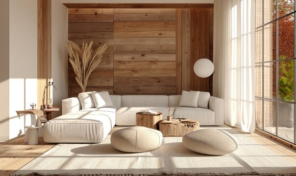 Large luxury modern bright interiors living room farmhouse with white couch, round table, and large windows on brown wooden paneling wall