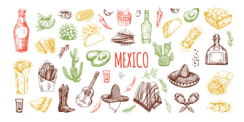 Hand-drawn colored set of realistic mexican elements. Vintage sketch drawings of Latin American culture. Vector ink illustration. Mexican culture.