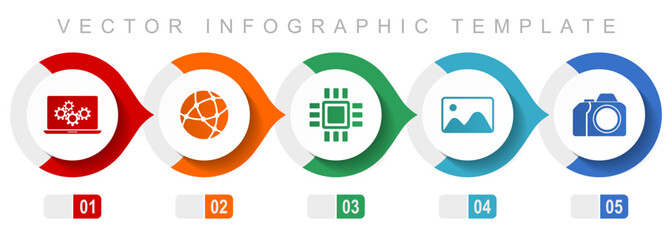Computer and technology flat design infographic template, miscellaneous symbols such as laptop, network, chip, image and photo camera, vector icons collection
