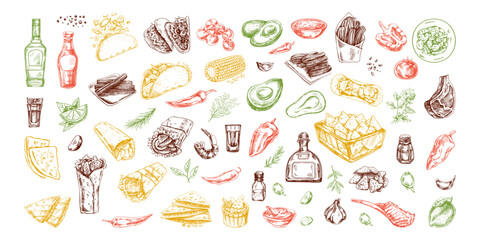 Hand-drawn colored set of realistic mexican dishes and products. Vintage sketch drawings of Latin American cuisine. Vector ink illustration. Mexican culture.