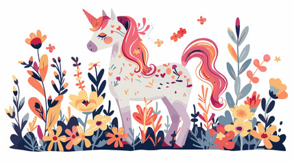 Pony in flowers flat vector isolated on white background