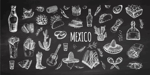 Hand-drawn set of realistic mexican elements. Vintage sketch drawings of Latin American culture. Vector ink illustration on chalkboard background. Mexican culture.