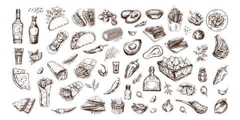 Hand-drawn set of realistic mexican dishes and products. Vintage sketch drawings of Latin American cuisine. Vector ink illustration. Mexican culture. Latin America.