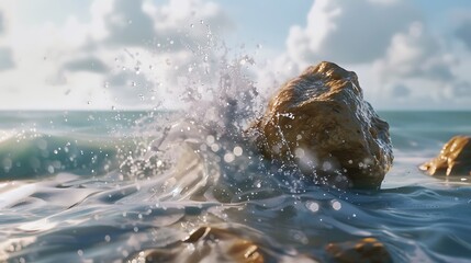 A wave captured at the moment of impact with a rock, droplets and foam suspended in air