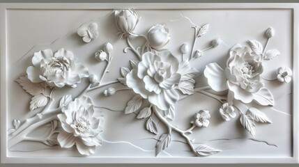 White bas-relief of flowers on framed panel. 3D wall art and floral design concept.