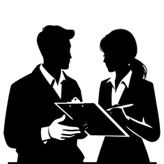 engineer and male architect discuss and look at blueprints at construction site vector silhouette black color-31