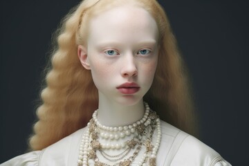 
Portrait of a young albino woman, reminiscent of Renaissance nobility, adorned with elegant attire and intricate jewelry, exuding grace and refinement