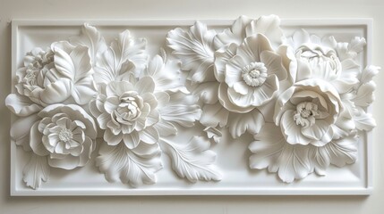 White bas-relief of flowers on framed panel. 3D wall art and floral design concept.