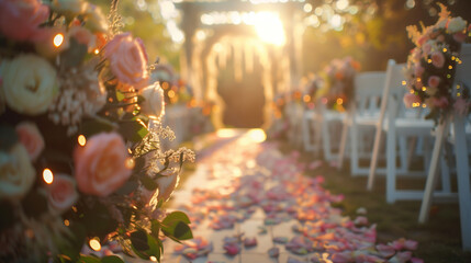 Sunset Wedding Ceremony Aisle with Floral Decorations and White Chairs