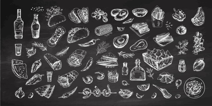 Hand-drawn set of realistic mexican dishes and products. Vintage sketch drawings of Latin American cuisine. Vector ink illustration on chalkboard background. Mexican culture.