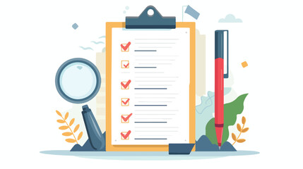 Questionnaire sheet on a clipboard and a pen flat vector - obrazy, fototapety, plakaty