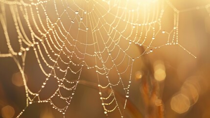 Dew on spider web with golden sunlight.