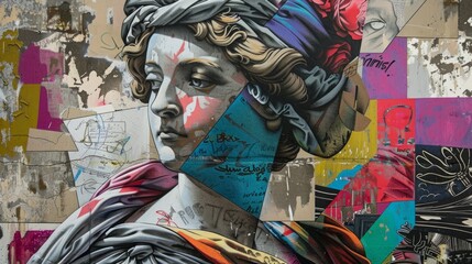 Classical Bust Mural with Vibrant Graffiti Overlays
