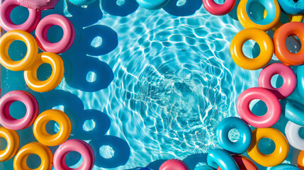 Overhead view of a swimming pool with pool ring floats