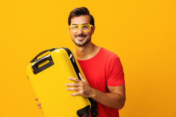 Studio man trip suitcase journey baggage traveler happy flight travel background vacation