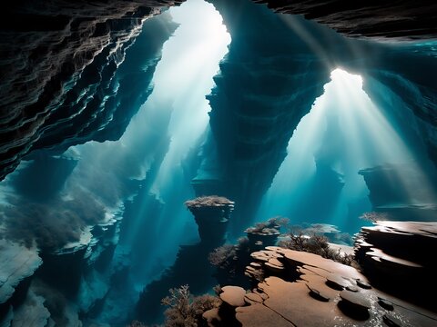 Underwater canyon. Background for design, print, card (greeting card), banner, poster, flyer, advertising, wallpaper, menu.