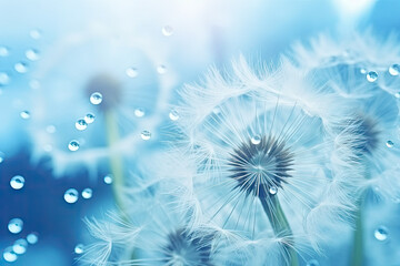 Delicate Dandelions with Glistening Water Droplets in a Tranquil Blue Macro World