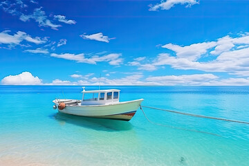 Naklejka na ściany i meble Serene Tropical Scene with a Single Boat on Crystal Clear Blue Water Under a Sunny Sky
