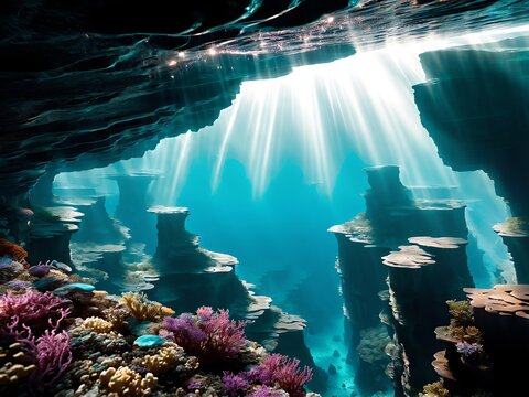 Underwater canyon. Background for design, print, card (greeting card), banner, poster, flyer, advertising, wallpaper, menu.