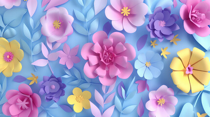 3D paper cut spring flowers background with colorful pastel leaves and roses on a white backdrop