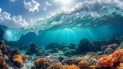 Underwater view of a vibrant coral reef with a wave breaking on the surface above. - obrazy, fototapety, plakaty
