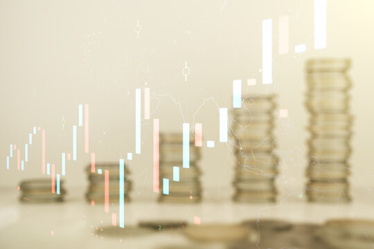 Multi exposure of abstract virtual financial graph hologram on stacks of coins background, forex and investment concept