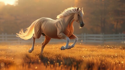 the awe-inspiring scene of a golden horse galloping through the field at sunset, seize the moment to embrace the magic of the golden hour.  - obrazy, fototapety, plakaty