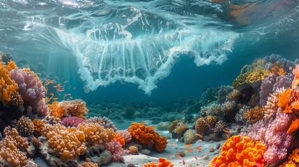 Underwater view of a vibrant coral reef with a wave breaking on the surface above.