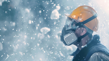 Construction worker wearing a high-grade dust mask, surrounded by lot of floating particles of glass wool dust in a construction site