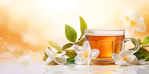 Jasmine tea in with fresh jasmine flowers relaxation hot drink on a blured background
