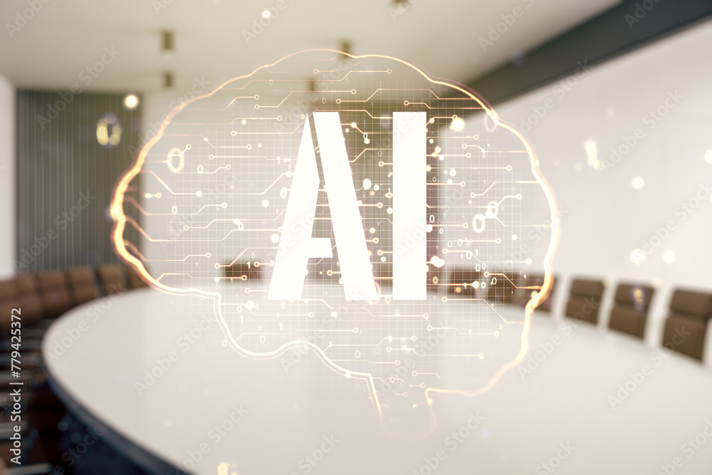 Poster virtual creative artificial intelligence hologram with human brain sketch on a modern coworking room