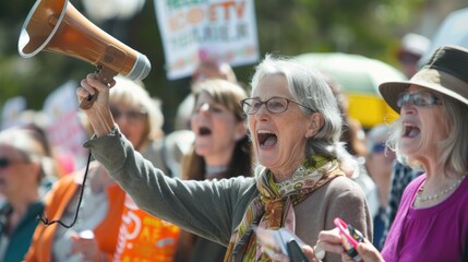 Senior woman with megaphone leading a group protest outdoors.