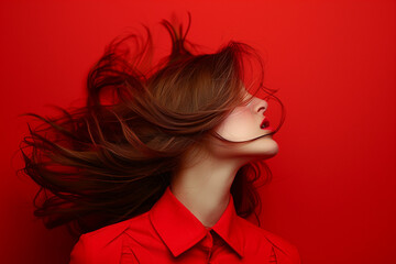 A faceless woman in a red suit with flowing hair posing against a monochromatic red background capturing movement and vibrancy.