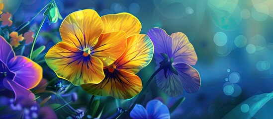 A close up of a vibrant bunch of wild pansies, with electric blue petals, against a blue background. This art showcases the beauty of this terrestrial flowering plant - obrazy, fototapety, plakaty