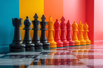Strategically positioned chess pieces against a gradient background, symbolizing strategy and challenge.