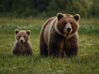 Brown bear, ursus arctos, mother with two cubs on green meadow with copy space. Wide panoramic banner of wild mammal with her lovely offsprings. Animal wildlife in summer nature