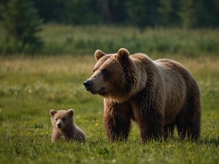 Brown bear, ursus arctos, mother with two cubs on green meadow with copy space. Wide panoramic banner of wild mammal with her lovely offsprings. Animal wildlife in summer nature