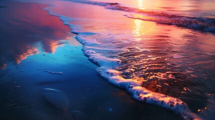 The reflection of a vibrant sunset on the wet sand, with waves gently coming in