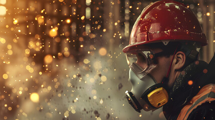 Fototapeta premium Construction worker wearing a high-grade dust mask, surrounded by lot of floating particles of glass wool dust in a construction site