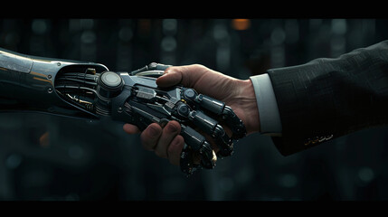 Human hand shaking hands with robot