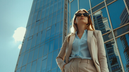 Fototapeta premium Young successful businesswoman in a business suit against the background of offices or business centers