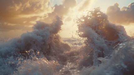 Waves colliding and creating a spectacular splash, captured in sharp detail - obrazy, fototapety, plakaty